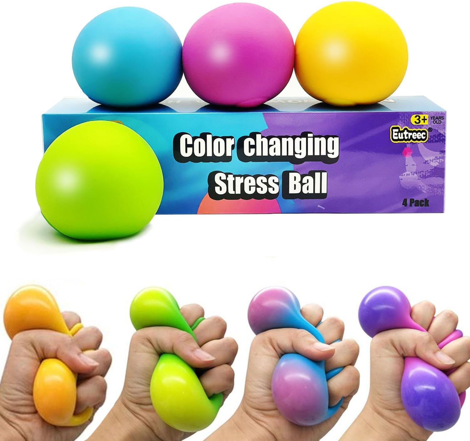 Eutreec Stress Ball Toys Color Changing - Sensory Squeeze Toys Squishy Balls for Teens Kids and Adults Stress Relief Balls for Easter Stocking Party Bundle - 4 Pack(Green/Yellow/Blue/Pink) : Toys & Games
